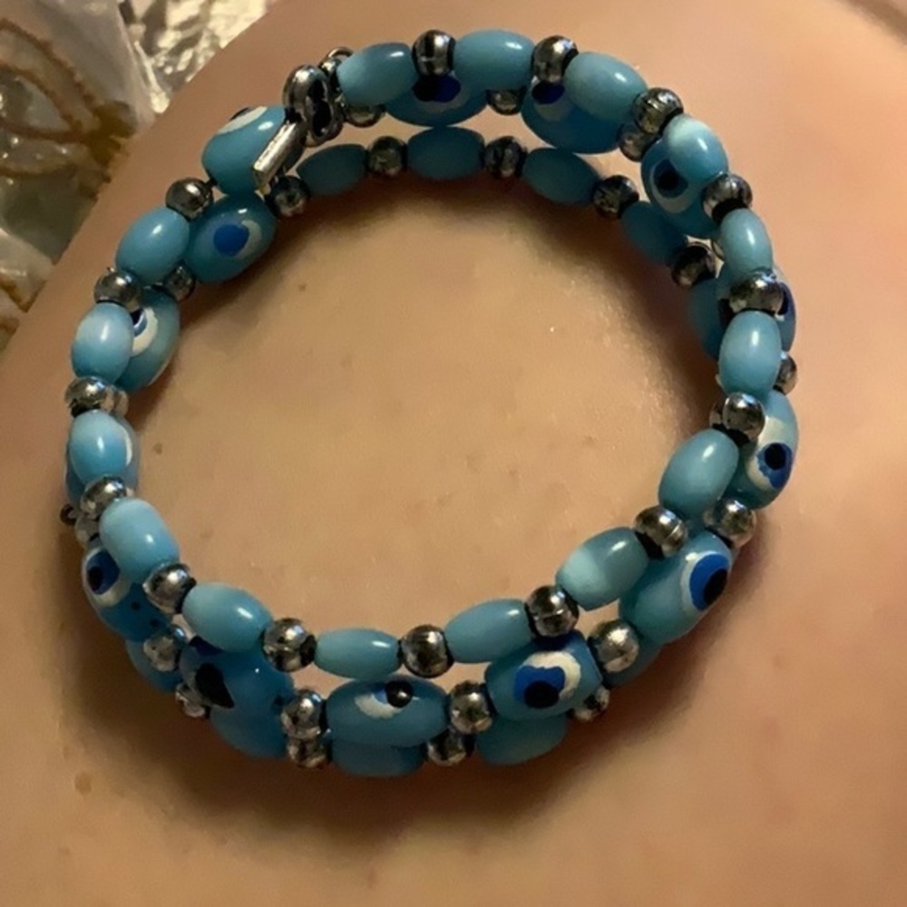 Beaded Memory wire wrap ocean eyes bracelet‎ boho festival OSFM